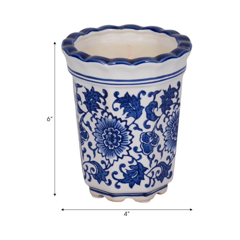 4", 7oz Fluted Chinoiserie Candle , Blue/white