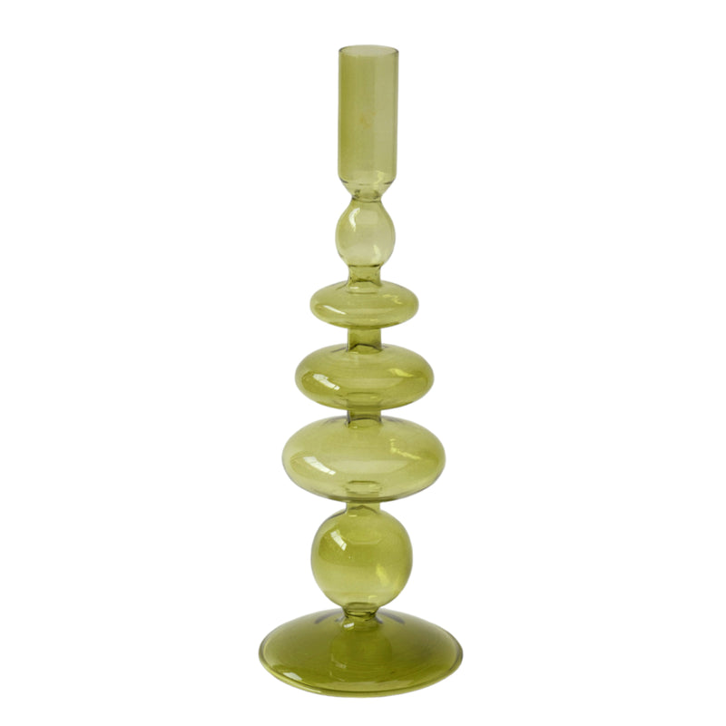 11" Vintage Glass Taper Candle Holder, Olive