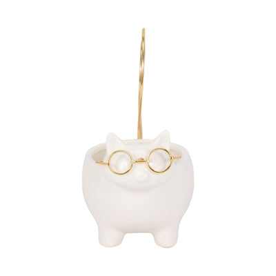 CER, 6" KITTY TRINKET DISH, WHITE/GOLD