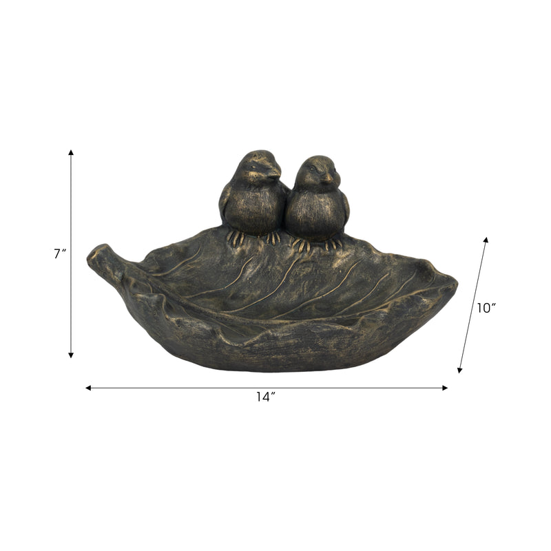 14" 2 Birds Perched On Leaf Birdfeeder, Bronze