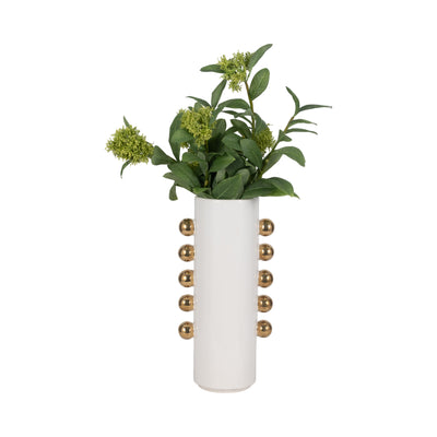 Cer, 16" Vase W/ Side Knobs, White/gold