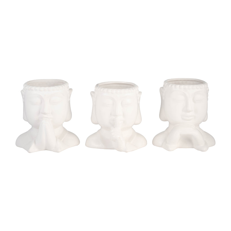 Cer, S/3 7"h Buddha Head Planters, White