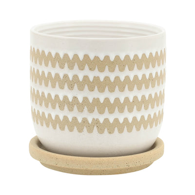 S/2 5/6" ZIG-ZAG PLANTER W/ SAUCER, WHITE