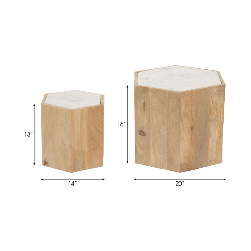 WOOD/MARBLE, S/2 14/20" HEXAGONLA SIDE TABLES, NAT