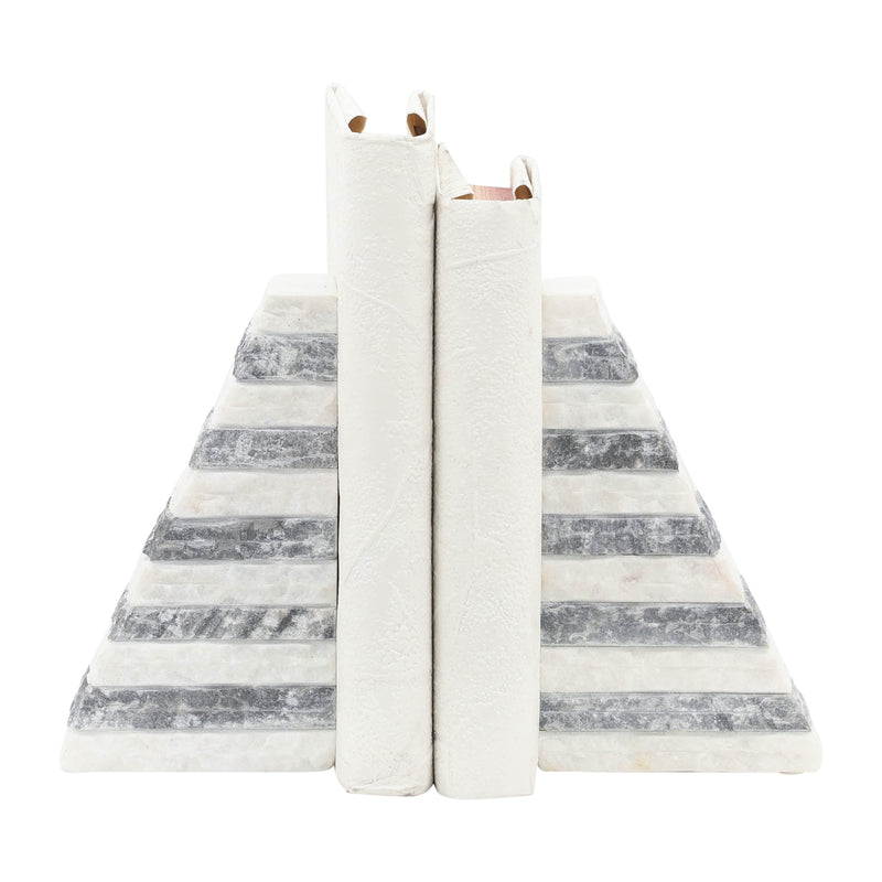 S/2 MARBLE 7"H PYRAMID BOOKENDS, WHITE/GRAY