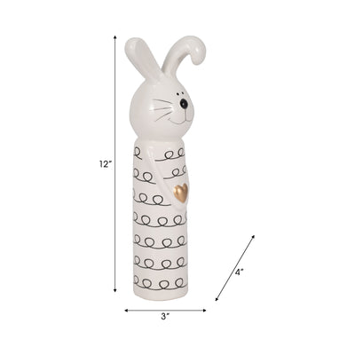 12" Squiggly Bunny With Gold Heart, White/black