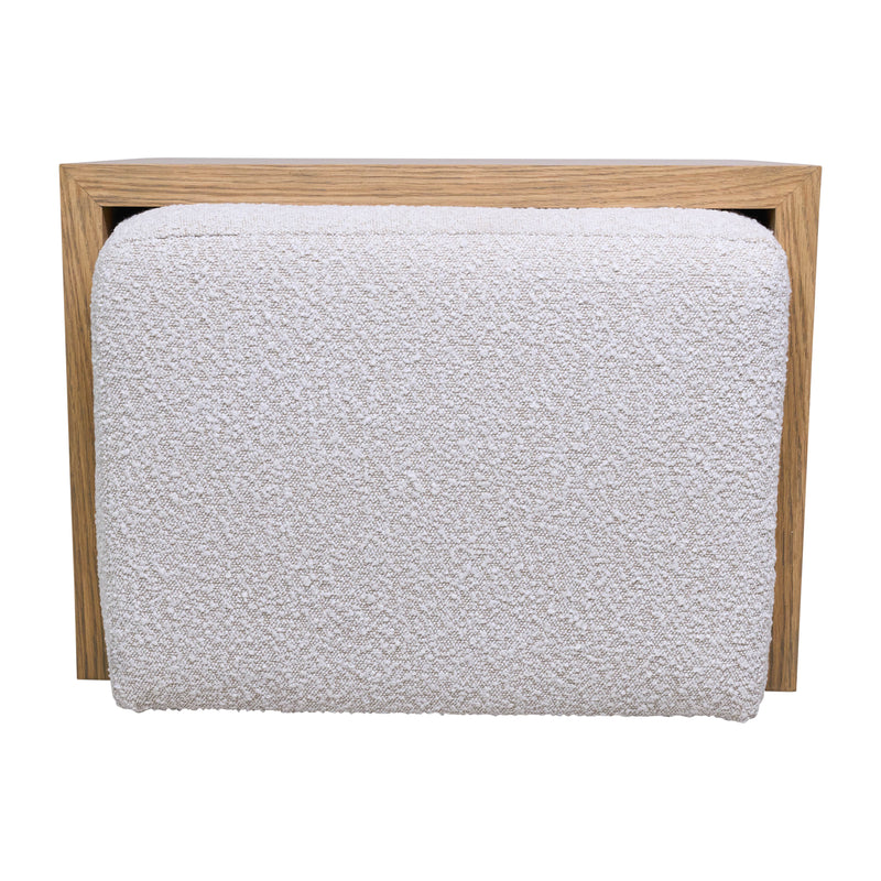 MODERN RECTANGULAR OTTOMA, WOOD ACCENT, IVORY