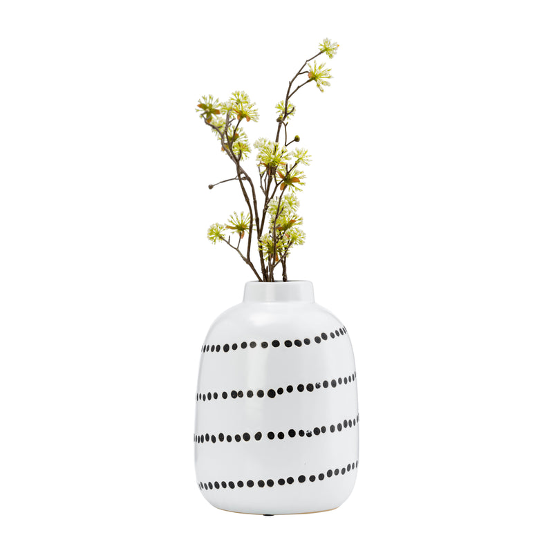 CER, 9"H SPIRAL DOT FLOWER VASE, WHITE/BLACK