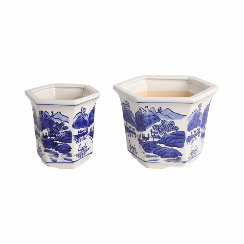 Cer, S/2 6/8" Chinoiserie Planters, Blue/white