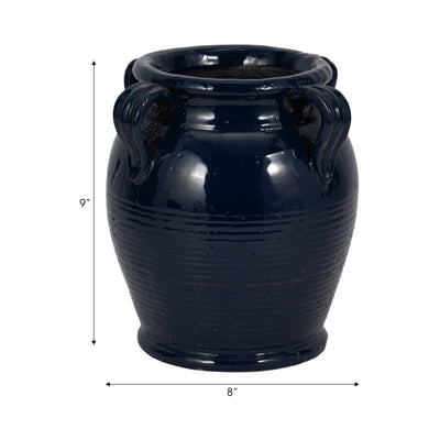 9" Terracotta Vase With Handles, Navy Blue