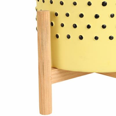 8" DOTTED PLANTER W/ WOOD STAND, YELLOW