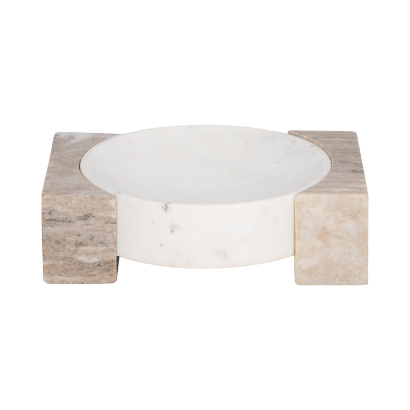 10" Marble Bowl With Onyx Marble Sides, White/tan