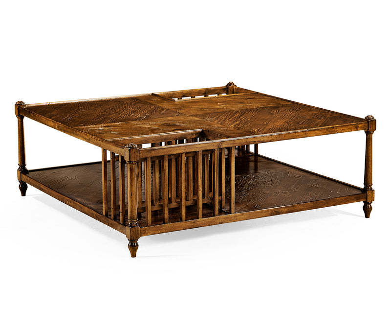 JC Edited - Casually Country Collection - Country Walnut Square Coffee Table with Two Magazine Racks