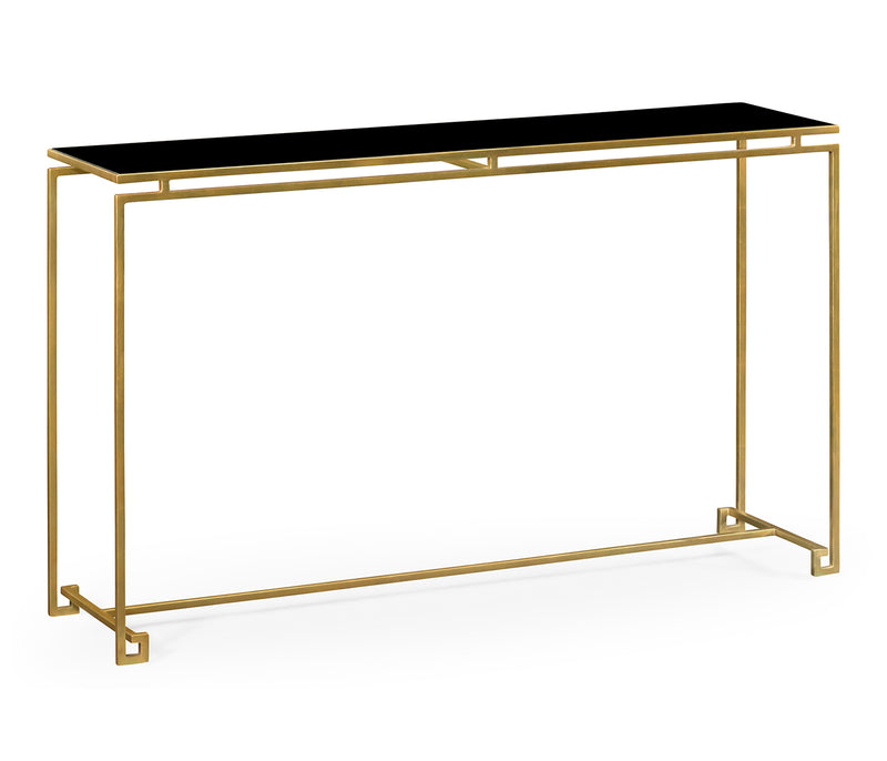 JC Edited - Simply Elegant Collection - Gilded Iron Large Console Table with A Black Glass Top