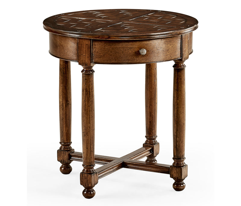 Round parquet topped side table