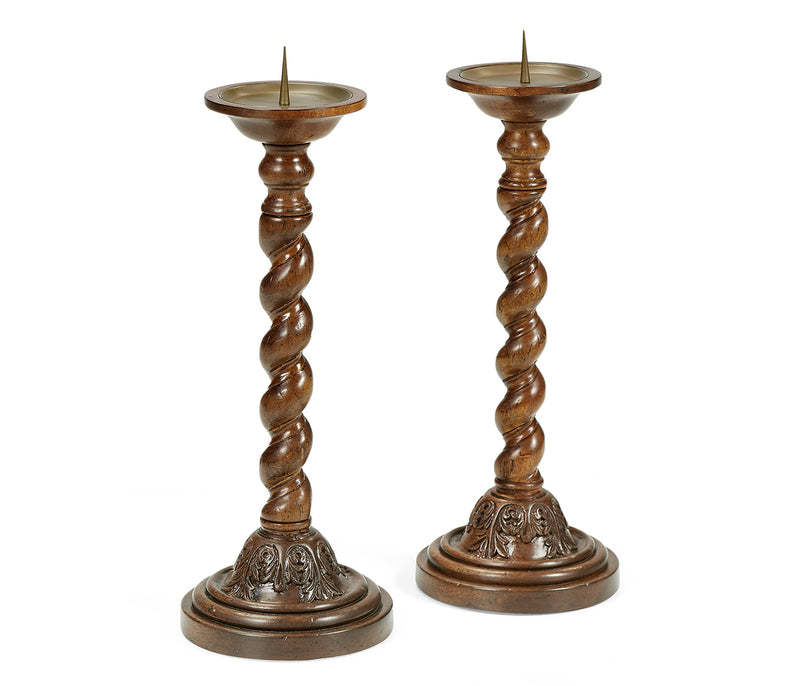 Country Farmhouse Collection - Pair of Twisted Walnut Candlesticks