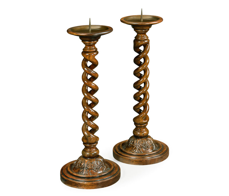 Country Farmhouse Collection - Pair of Open Barley Twist Light Walnut Candlesticks