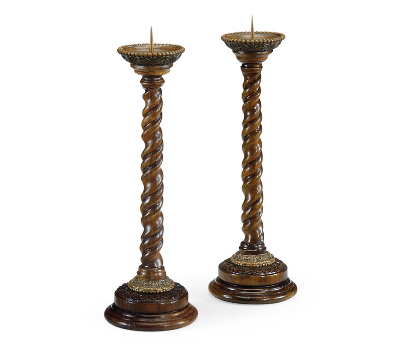 Country Farmhouse Collection - Pair of Barley Twist Walnut Candlesticks