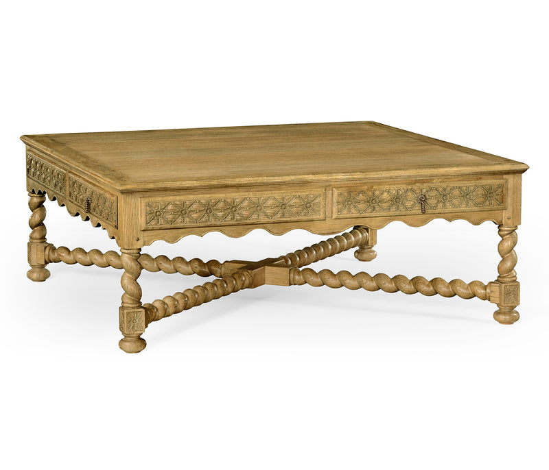 Sherwood Oak Collection - 52" Tudor Style Natural Oak Square Distressed Coffee Table