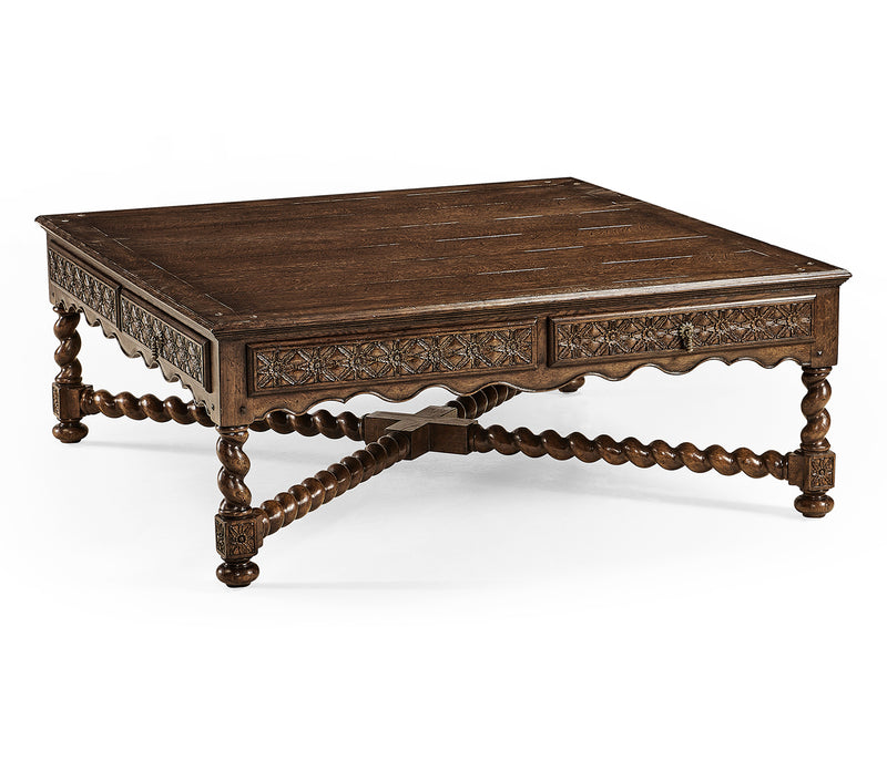 Sherwood Oak Collection - 52" Tudor Style Dark Oak Square Distressed Coffee Table