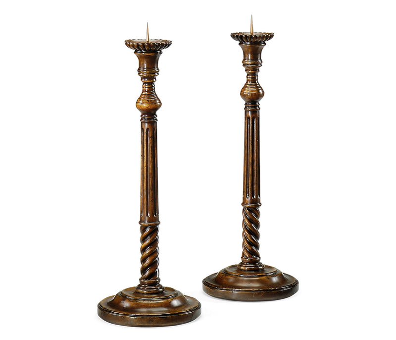 Country Farmhouse Collection - Pair of Tall Fluted Walnut Candlesticks