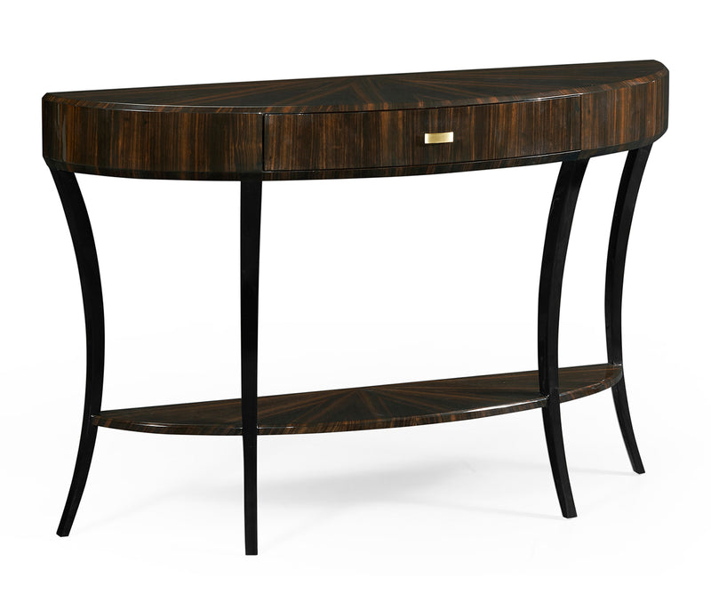 JC Modern - Ebony Collection - Large Demilune Art Deco Macassar Ebony High Lustre Console Table with Drawer