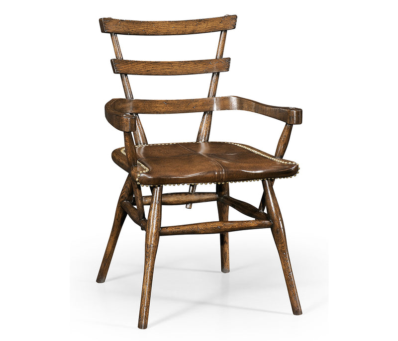 Sherwood Oak Collection - Country Style Dark Oak Arm Chair with A Dark Antique Chestnut Leather Seat