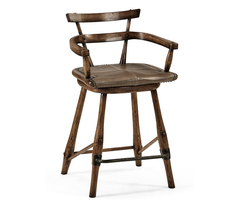 JC Edited - Casually Country Collection - Dark Brown Oak Arm Counter Stool with Studded Haven Leather Seat