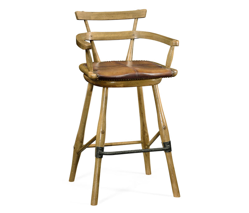 Sherwood Oak Collection - Natural Oak Arm Bar Stool with A Studded Antique Chestnut Leather Seat