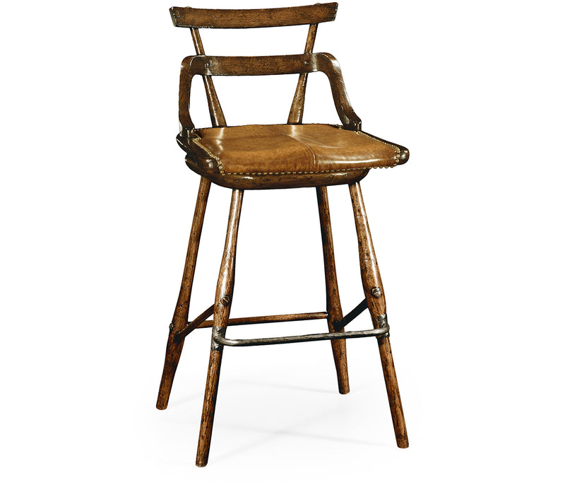 Sherwood Oak Collection - Dark Oak Side Bar Stool with a Studded Dark Antique Leather Seat