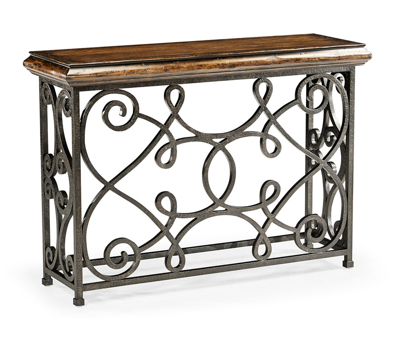 JC Edited - Artisan Collection - 54" Width Rectangular Rustic Walnut Console with Wrought Iron Base