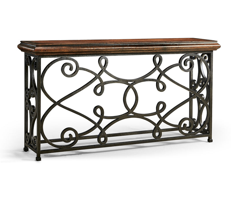 JC Edited - Artisan Collection - 72" Width Rectangular Rustic Walnut Console with Wrought Iron Base