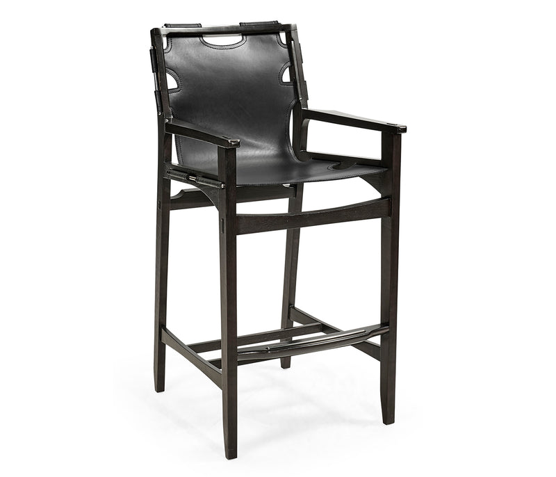 JC Edited - Architects House Collection - Midcentury Style Slung Black Leather & Black Mocha Oak Bar Stool