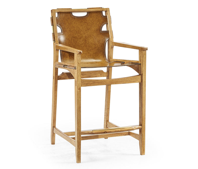 JC Edited - Architects House Collection - Midcentury Style Slung Medium Antique Chestnut Leather & Light Oak Counter Stool