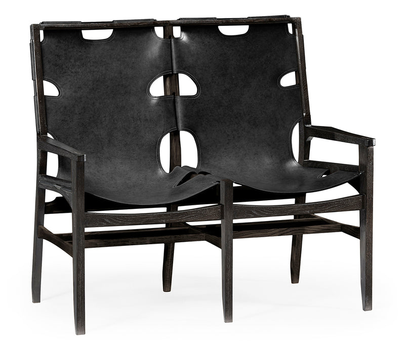 JC Edited - Architects House Collection - Midcentury Style Slung Black Leather & Black Mocha Oak Two Seat Bench