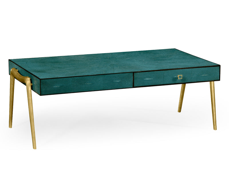 JC Modern - Luxe Collection - Teal Faux Shagreen and Brass Legged Coffee Table