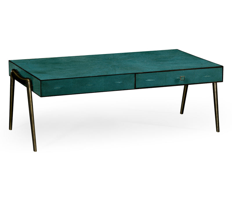 JC Modern - Luxe Collection - Teal Faux Shagreen and Bronze Legged Coffee Table