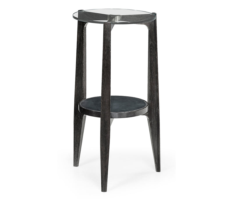 JC Edited - Architects House Collection - Architectural Round Black Leather & Black Mocha Oak End Table with Glass Top