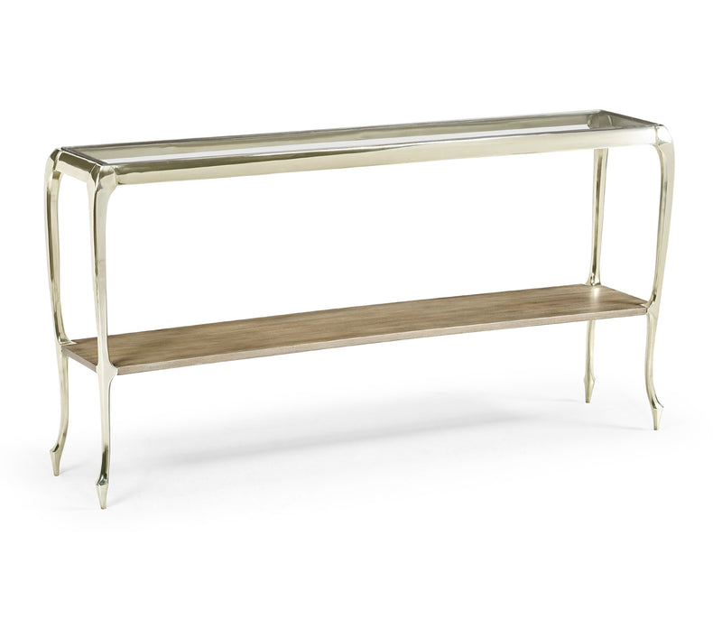 Rivoli Collection - Narrow Rivoli Walnut & White Stainless Steel Console Table with Clear Glass Top