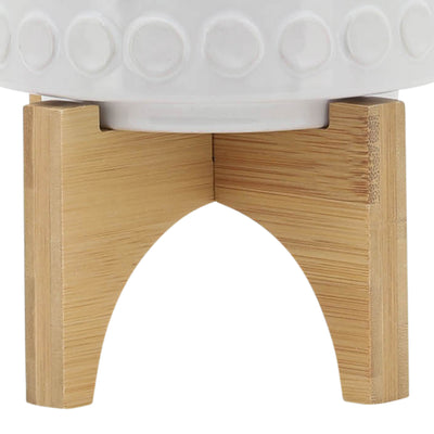 CERAMIC 5" PLANTER ON WOODEN STAND, WHITE