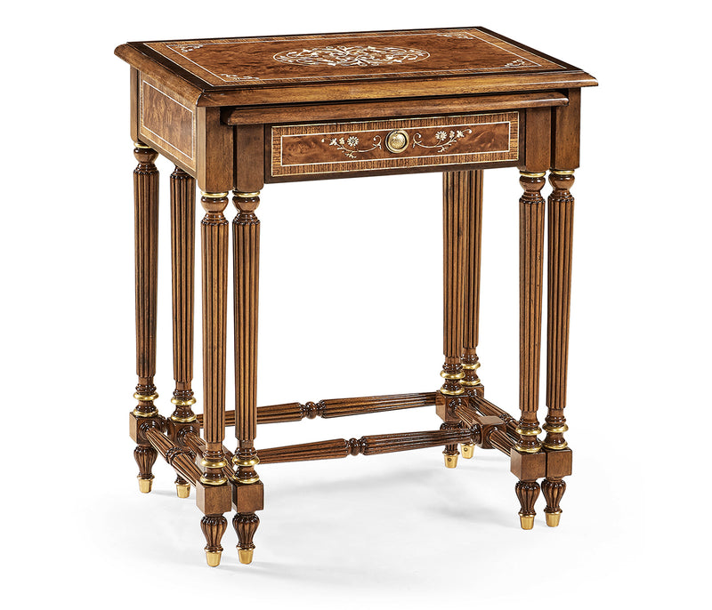 Duchess Collection - Burl and mother of pearl inlaid nest of two tables with carved legs