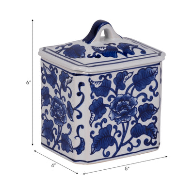 Cer, 6" 13oz Rect Chinoiserie Candle W/lid,blu/wht