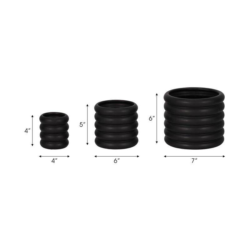 S/3 4/6/7" Stacked Rings Planters, Black