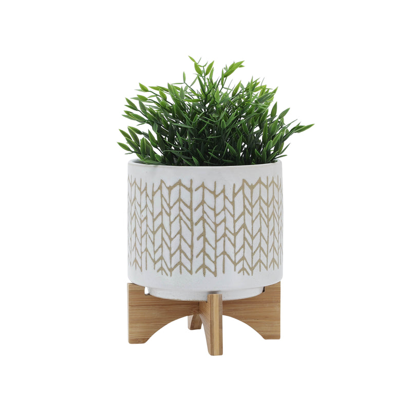 8" CHEVRON PLANTER W/ WOOD STAND, BEIGE