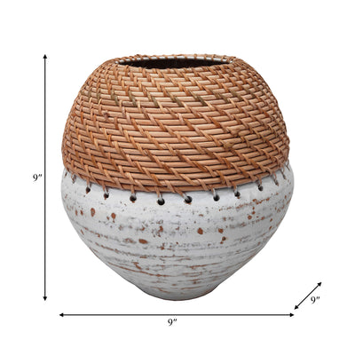 CLAY, 9" VASE WITH WOVEN TOP, WHITE/NATURAL