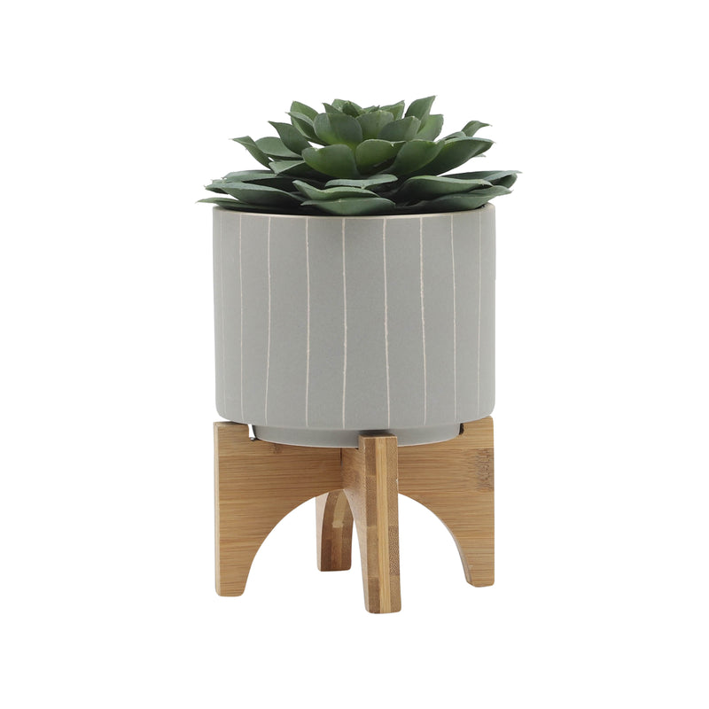 5" STRIPES PLANTER W/ STAND, TAN