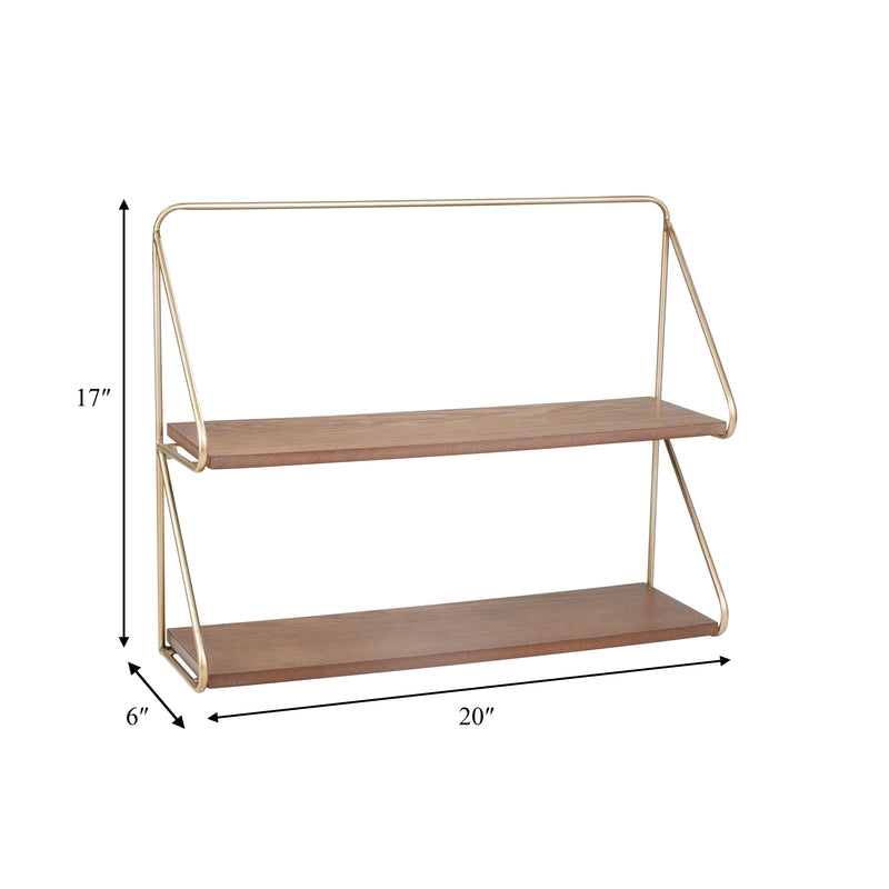 METAL/WOOD 20" 2 TIER WALL SHELF, GOLD