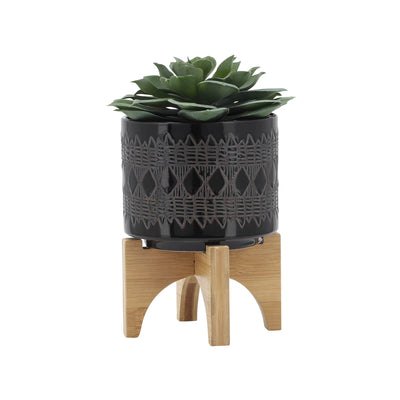 CERAMIC 5" AZTEC PLANTER ON WOODEN STAND, BLACK