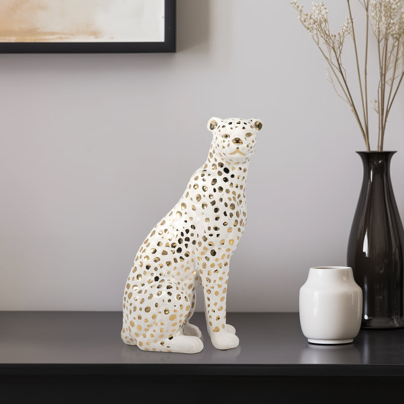 11" SITTING LEOPARD, WHITE/GOLD