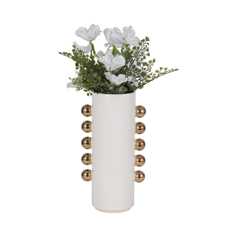 Cer, 13" Vase W/ Side Knobs, White/gold